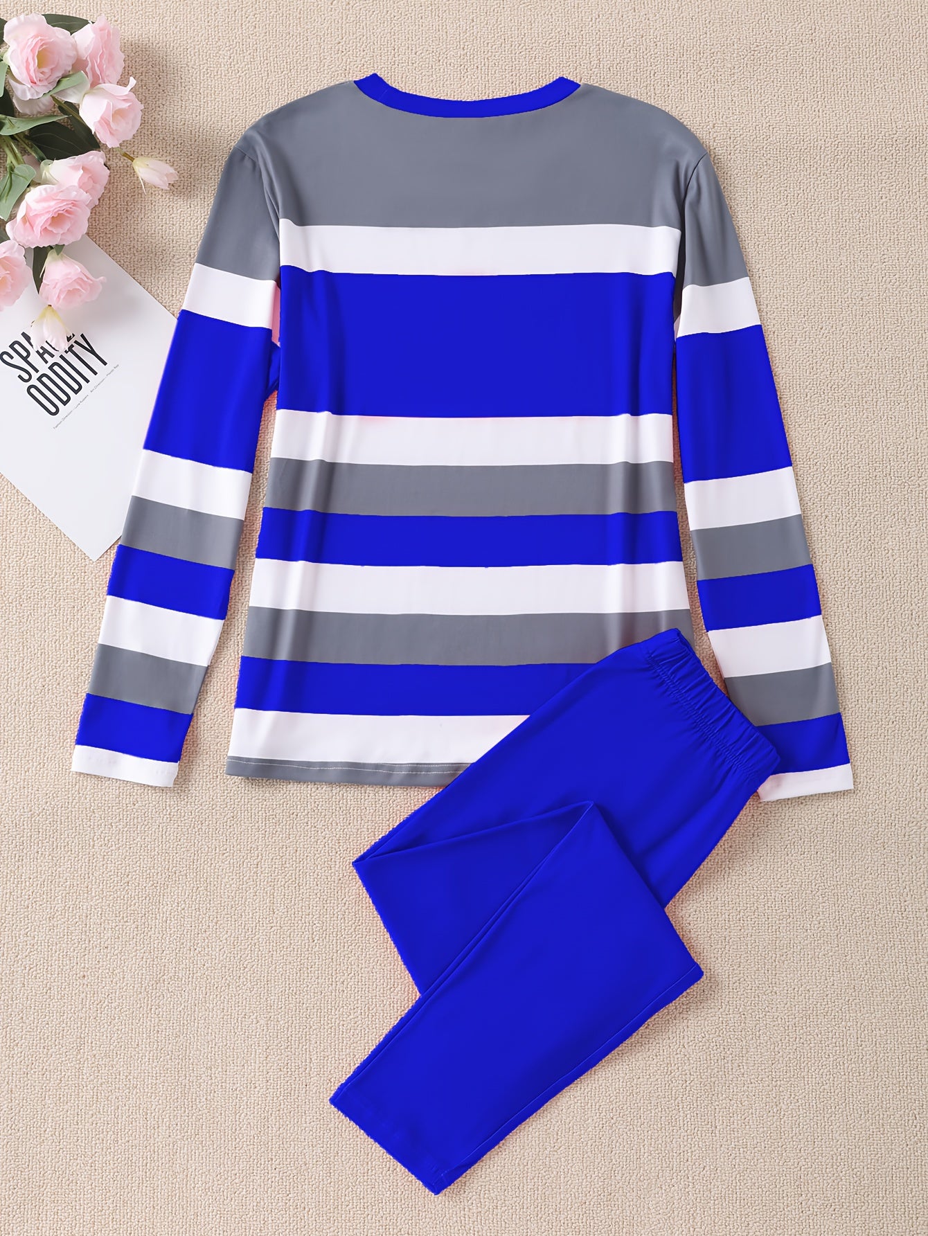 Women's Striped Crown Print Casual Tracksuit Set - Polyester & Elastane Knit Crew Neck Long Sleeve Top with Pants, No Belt - Fall/Winter Cozy Loungewear Suit (1 Top + 1 Pants)